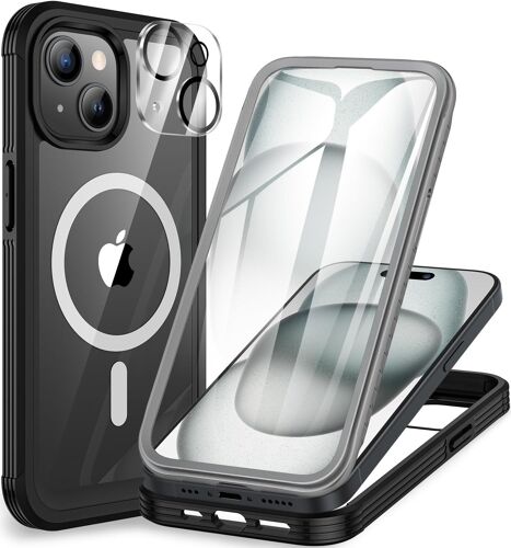 LORANKA-Magnétique Coque iPhone 15, Compatible avec MagSafe intégré Verre Trempé Protection écran et Protecteur Caméra [9H HD] 360° Antichoc Téléphone Housse Double Face Case Intégrale Etui - Noir
