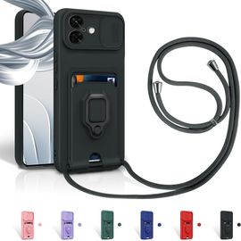 Aer-Cordon De Coque Pour Iphone 16 Plus,Couvercle Coulissant De La Caméra+Support Annulaire À 360 Degrés,Fentes Pour Cartes Lanyard Silicone Case -Noir