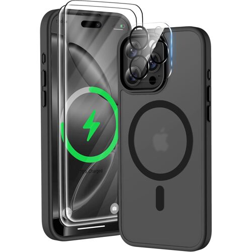 TRAHOO-Coque pour iPhone 16 Pro avec 2 Verre Trempé et 1 Caméra Protecteur, Translucide Mat Arrière Housse Fine Antichoc Magnétique Coque pour iPhone 16 Pro Case Compatible avec Mag-Safe 6.3"" Noir