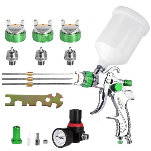 Pistolet à peinture HVLP avec 3 buses (1,4, 1,7, 2,0 mm) et godet de 600 ml pour le nettoyage de la voiture (vert)