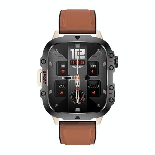 Montre Connectée Écran Couleur 1.96 Pouces Bracelet Cuir Appels Bluetooth Marron YONIS