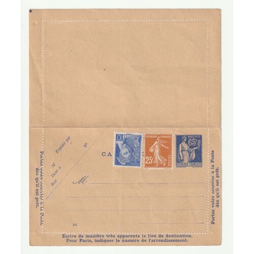 Entier Postal Type Paix 365-C L1 Neuf Avec Deux Timbres Collés (Mercure N°407 Et Semeuse N°235) Plié Mais Non Collé.