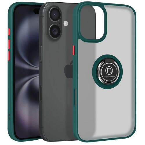 Coque pour iPhone 16 Antichoc avec Anneau Magnétique Rotatif Finition Givrée Vert foncé