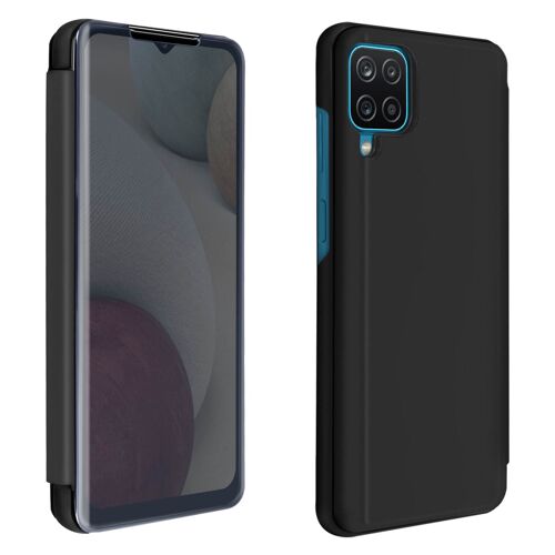 Housse Samsung Galaxy A12 Clapet translucide Design Miroir Support Vidéo noir