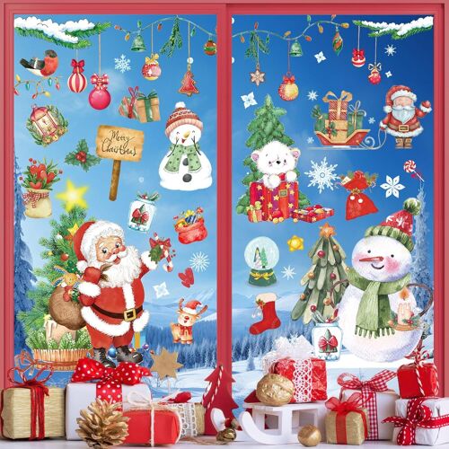241 Pièces Stickers Noel Fenetre Aquarelle, Autocollant Noel Fenetre, 9 Feuilles Electrostatique Stickers Noel, Decoration Noel Interieur Maison, Deco Noel Stickers DIY Amovibles