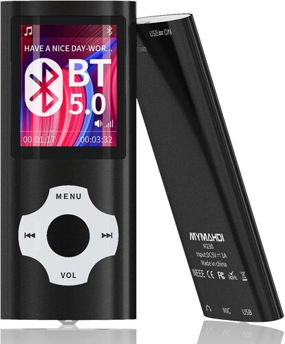 Lecteur MP3 noir Avec Bluetooth 5.0, écran LCD 1,8 pouces ultra fin - Lecteur Hi-Fi MP4 portable - Pour vidéo/enregistrement/radio FM/E-Book/photo Compatible avec carte 512 Go, maximum