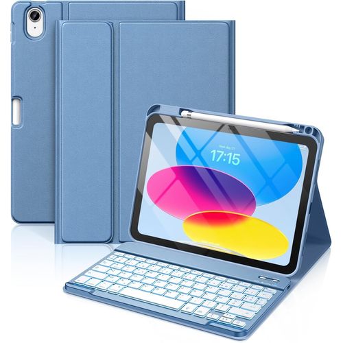 Coque Clavier pour iPad A16 11/10 Ème Generation (11 Pouces 2025/10.9 Pouces 2022), Étui Keyboard 7 Couleurs Rétroéclairées avec Porte Crayon, AZERTY Layout pour iPad 10eme/11eme, Bleu