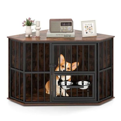 Costway Maison Cage D'angle Pour Animaux Avec Mangeoire Réglable, 2 Gamelles En Acier Inoxydable, Pieds Réglables, Pour Chien Chat