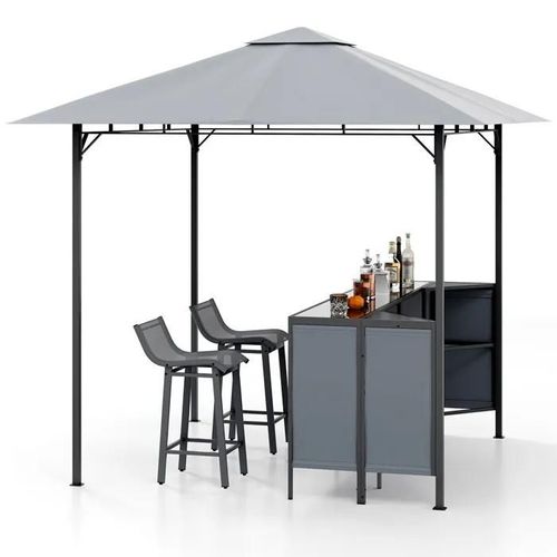 Costway Tonnelle De Bar 3 Pièces 245 X 245 Cm - Table Avec 2 Tabourets Étagère De Rangement, Porte-Verres À Vin Pour Fêtes Bbq