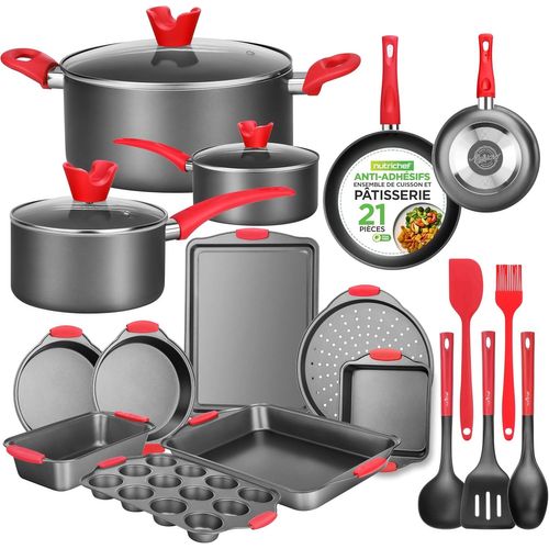 Batteries De Cuisine Antiadhésives 21 Pièces- Casseroles,Poêles,Moules De Cuisson Ronds Et Carrés,Moules À Pain Et À Muffins,Plaque À Pizza,Plaque À Biscuits Et Ustensiles En Silicon