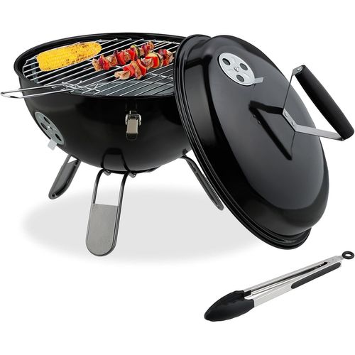 ASFASFq-Barbecue Portable, Grill Rond, Ø37 cm, pour Table, Jardin, Balcon, avec Couvercle, bac à Charbon & Pince, Noir