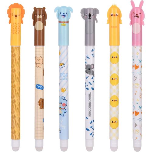 6 Erasable Gel Pens, 0.5 Mm Blue Erasable Ink Pens, Animal Pattern, Thermosensitive Erasable Gel Ink With Eraser School Supplies For Children (D)