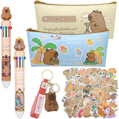 Joli Ensemble De Papeterie Capybara Avec Trousse À Crayons Capybara, Stylo À Bille Multicolore 10 En 1, Autocollants Capybara, Porte-Clés, Cadeaux Capybara Pour Étudiants, Bureau, École, Papeterie