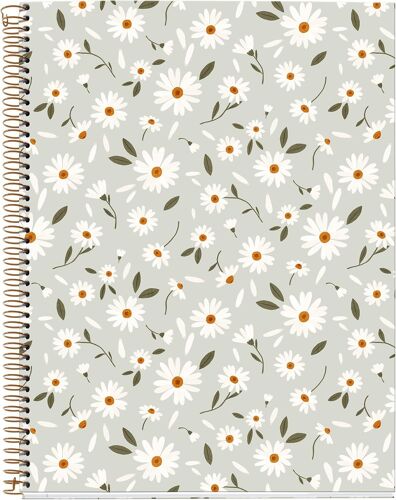 Cahier A4 (210 X 297 Mm), Quadrillage 5 Mm, 100 Feuilles De 70 G/M², Couverture En Carton Vert, 4 Bandes De Couleur, Spirale Cuivre, Collection Spring Flowers, Fleurs