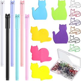 42 Pièces Set De Papeterie 6 Couleurs Notes Autocollantes Mignonnes 30 Pièces Trombones Et 6 Pièces Cadeaux D'amant De Stylo Mignons Jolis Accessoires De Bureau Pour École (Chat Mignon)