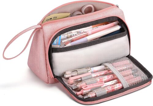 Trousse Scolaire Trousse À Crayons Grande Capacité, Trousse À Crayons En Toile Avec Poignée, Rangement De La Papeterie Organisateur De Bureau Pour Les Étudiants Filles, Rose