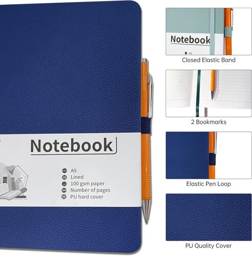 Carnet De Notes Ligné A5 200 Pages,Pu Hard Cover Notebook Avec Papier Épais De Qualité Supérieure 100 G/M²,Bloc-Notes Pour La Planification, L'agenda Et La Prise De Notes.(Bleu Clair)
