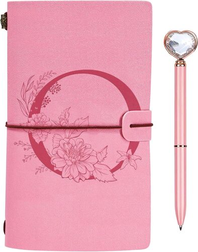 Personnalisé Journal Intime Cadeau,Initiale Carnet de Notes en PU Cuir,Carnet de Voyage Vierge avec Stylo Diamant Coeur,Noel Anniversaire Cadeaux pour Femmes Maman Fille Soeur Meilleure Amie O