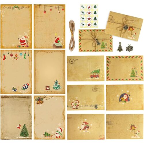 Papier À Lettres Vintage De Noël Et Enveloppes Contient 12 Lettre Au Père Noël, 6 Enveloppes En Papier Kraft, Ficelle Autocollants Et Des Accessoires De Noël Métalliques