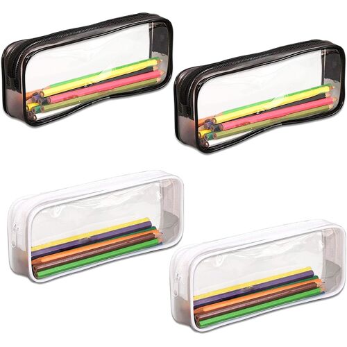 4 Pièces Trousse Transparente Scolaire, Trousse À Crayons Fermeture Éclair En Pvc, Imperméable, Pour Rangement Papeterie, Cosmétiques (Noir, Blanc)