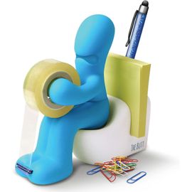 Le Butt Station Fournitures De Bureau - Dévidoir De Ruban Amusant - Porte Accessoires De Bureau Rigolo Et Sympa Avec Rouleau De Ruban, Trombones, Notes Adhésives Et Stylo Inclus (Bleu)