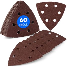 Lot de 60 triangles abrasifs Delta / 6 trous / 93 x 93 x 93 mm / 10 x grain 40-60 - 80-120-180-240 / pour ponceuse delta / feuilles abrasives / tampons abrasifs triangulaires / papier abrasif