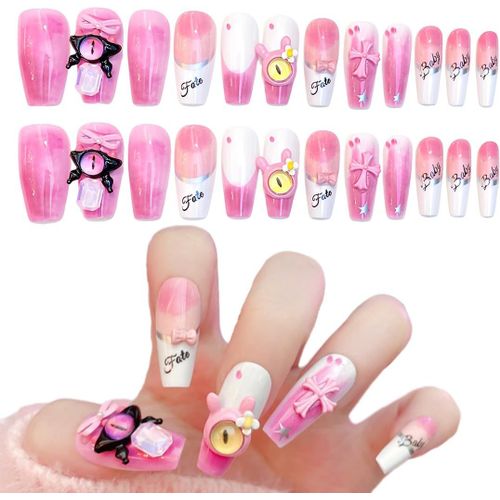 Kal-24 Pièces Faux Ongles De Yeux Et Arcs Du Diable À Presser,Long,Avec Colle,Réutilisables,Faux Ongles Enfant,Press On Nails,En Acrylique,Ensembles De Manucure Pour Femme 