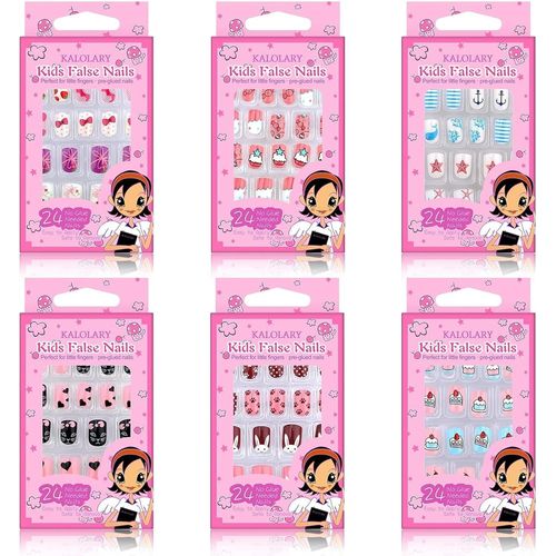 Kal-144 Pcs Faux Ongles Pour Enfants, Nail Art Tip Pré Collé Modèle De Bonbons Court Full Cover Auto-Adhésif Ongles Pour Femmes Adolescents Filles Cadeau Ongles 