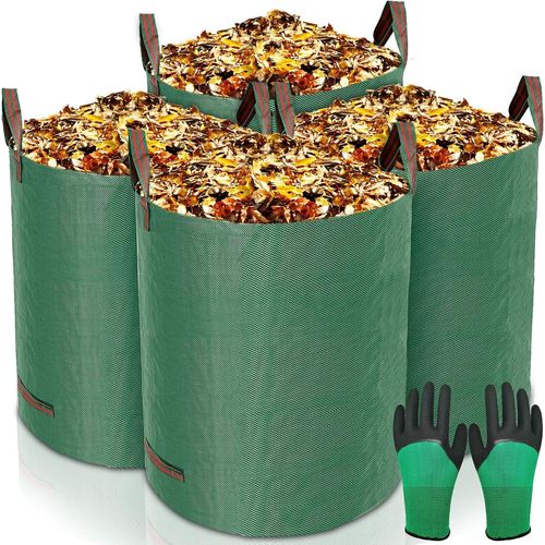Sacs De Jardin 4X272L,Sac De Déchets De Jardin En Polypropylène Extrêmement Robuste (Pp),Pliables Et Réutilisables,Étanche Grande Sacs Avec Poignées,Sacs Poubelle De Jardin(Gants De Jardinage)
