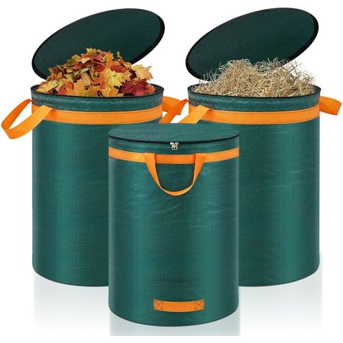 TIANYI-272L Sac Dechets Verts Resistant, Lot de 3 Sac Jardinage Dechets avec Couvercle et Poignées, Sacs à Déchets de Jardin pour Transport de déchets verts, Ramasse Feuilles, Sac Poubelle