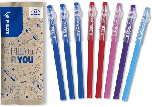 8 Stylos Frixion Ball Stick - Encre Gel Effaçable - 3 Bleus, 2 Rouges, 1 Rose, 1 Mauve, 1 Turquoise - Le Frixion Économique Pointe Moyenne - Pour La Trousse D'école - Fourniture Scolaire