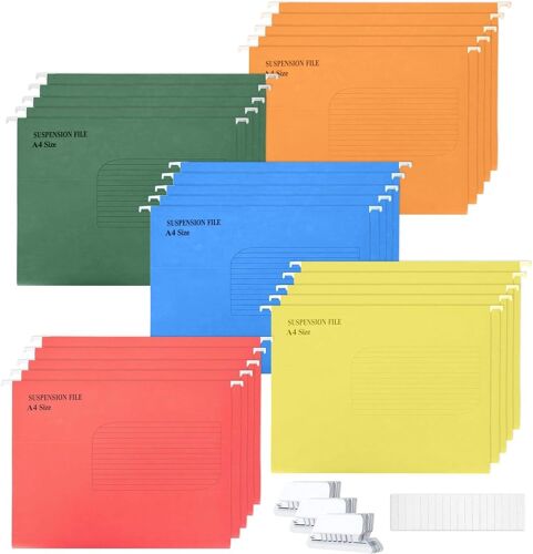 25 Pièces Dossiers De Suspension A4, 5 Couleurs Dossier Lourd Haut Et Bas Renforcés Dossiers Suspendus Pour Les Classeurs A4 De Papeterie De Bureau Scolaire