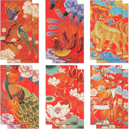 Red Envelopes Lot de 12 enveloppes porte-bonheur pour le Nouvel An chinois, 6 styles, 16,8 x 8,9 cm, motif paon, dragon, poisson rouge, poche rouge chinoise Hong Bao pour le Nouvel An lunaire