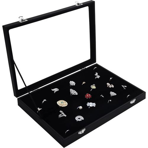 Kal-Presentoir Bagues En Velours Noir Avec Couvercle - Présentoir Bague Avec 100 Encoches - Rangement Bagues, Boucles D¿Oreilles Et Boutons De Manchettes Avec Couvercle Transparent
