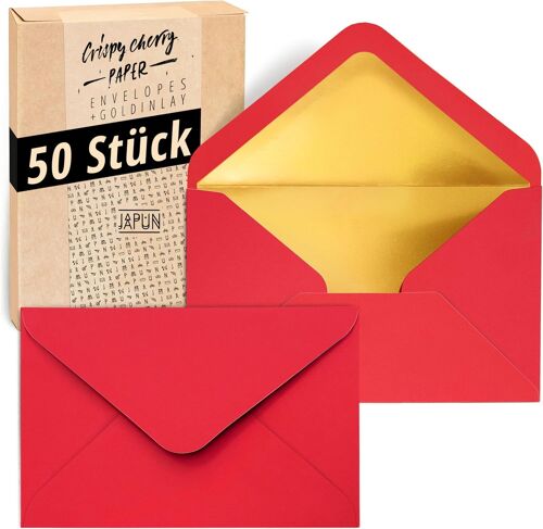 Enveloppes (50 Pièces), Enveloppe Sans Fenêtre - Din C6-162 X 114 Mm - Intérieur: Or - Couleur Du Papier: Rouge