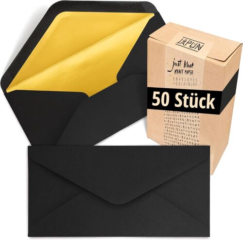 Enveloppes (50 Pièces), Enveloppe Sans Fenêtre - Din Long - 220 X 110 Mm - Intérieur: Or - Couleur Du Papier: Noir