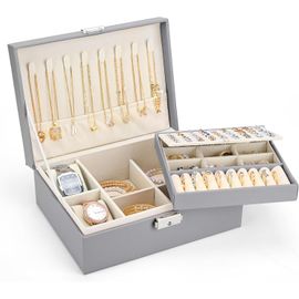 Jexnovashop-Boîte À Bijoux Pour Femme, Grande Coffret À Bijoux À 2 Couches Avec 2 Coussins De Montre, Cuir Pu Organiseur De Bijoux De Voyage Pour Boucles Doreilles Bagues Colliers Montre, Gris Foncé