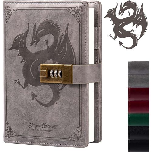 Carnet De Notes En Cuir Avec Cadenas À Combinaison,Papier Ligné/Vierge B6 (Gris)