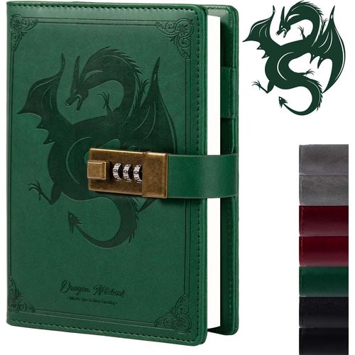 Carnet De Notes En Cuir Dragon-Couverture Rigide-Rechargeable-Papier Ligné Ou Vierge-Avec Cadenas À Combinaison-Pour Homme,Femme,Enfant (Vert)