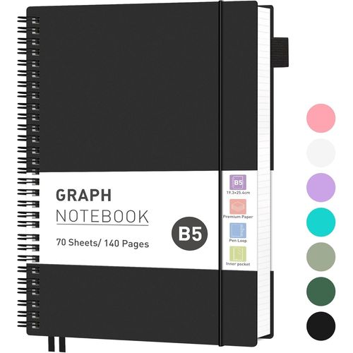 Carnet À Spirale Carré B5 Avec Grille Graphique - 140 Pages - Poche En Pvc - Boucle Pour Stylo, Règle, Marque-Page Pour Homme Et Femme - 19 X 25 Cm - Noir