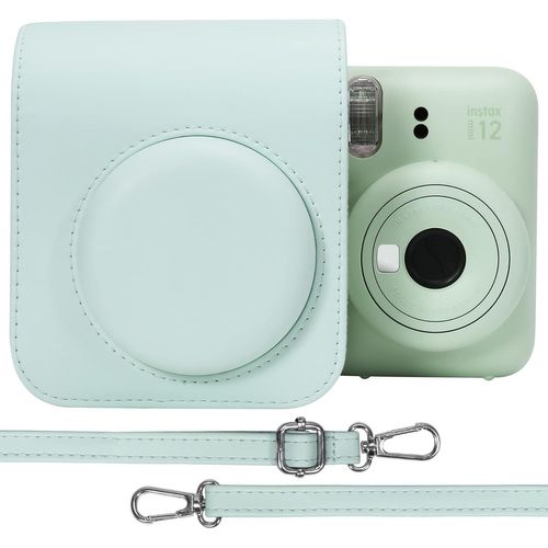 PU Housse de Protection en Cuir pour Fujifilm instax Mini 12/11 Instant Film Camera Sac de Voyage avec bandoulière réglable (Vert Menthe,Coque de Protection Uniquement)