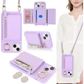 Kal-Coque Pour Iphone 13 Mini Etui Avec Cordon Collier Sangle Réglable,Housse En Cuir Avec Anneau Étui Iphone 13 Mini Portefeuille Avec Porte Carte Pochette - Lilas