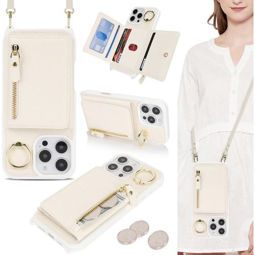Kal-Coque Pour Iphone 16 Pro Max Etui Avec Cordon Collier Sangle Réglable,Housse En Cuir Avec Anneau Étui Portefeuille Avec Porte Carte Pochette -Blanc