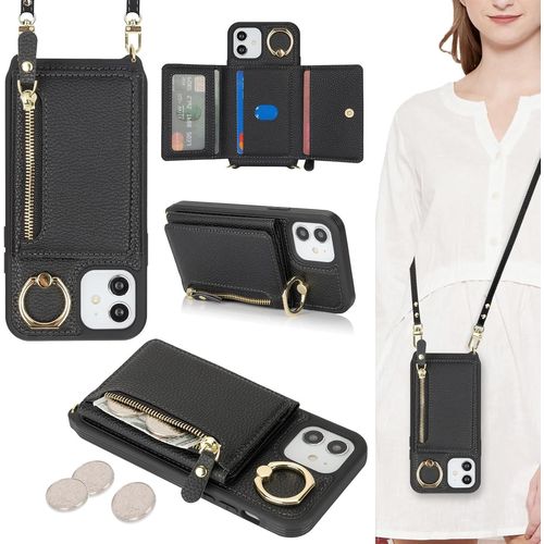 Sjzg-Coque Pour Iphone 12 Mini Etui Avec Cordon Collier Sangle Réglable,Housse En Cuir Avec Anneau Étui Iphone 12 Mini Portefeuille Avec Porte Carte Pochette - Noir