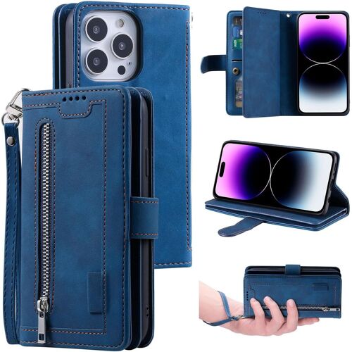 TIANYI-Coque pour iPhone 16 Pro, Etui en Cuir PU Portefeuille Rétro Flip Case Antichoc Housse avec Emplacement pour Carte, Béquille, Fermeture Magnétique Résistant aux Rayures - Bleu