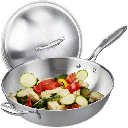 ASFASFq-Relaxdays Wok, diamètre de 32 cm, Acier Inoxydable, Couvercle Verre, cuisinière à Induction, gaz, éléctrique, argentée