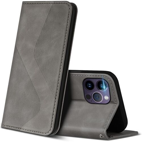 SJZG-Coque Pour Iphone 14 Pro, Premium Étui Housse En Cuir De Protection Avec [Emplacements Cartes] [Magnetique], Clapet Folio Portefeuille Pour Iphone 14 Pro (Gris)