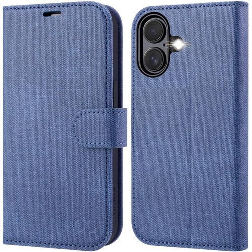 AEFJ-Etui Coque pour iPhone 16, Antichoc TPU Housse iPhone 16 Cuir PU Portefeuille Etui, RFID Blocage, Béquille, Fentes pour Cartes, Protection Coque iPhone 16 (6,1 Pouces) - Denim Bleu