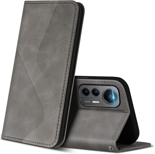 KAL-Coque Pour Xiaomi 12 Lite, Premium Étui Housse En Cuir De Protection Avec [Emplacements Cartes] [Magnetique], Clapet Folio Portefeuille Pour Xiaomi 12 Lite (Gris)