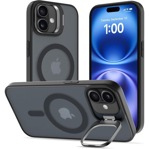 Coque iPhone 16 Plus compatible MagSafe ¿ Étui ultra-fin, anti¿choc niveau militaire, béquille réglable et support caméra intégré, fini noir mat semi¿translucide, durable